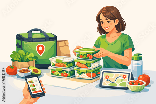 Woman preparing healthy meals for delivery with meal prep containers and app