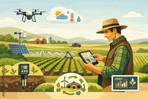 Farmer using tablet to monitor smart farm technology with drone and sensors