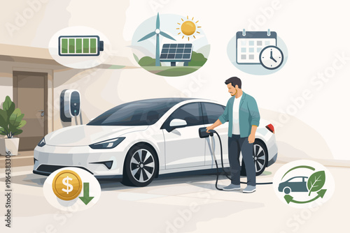 Man charging electric car at home with renewable energy and cost savings