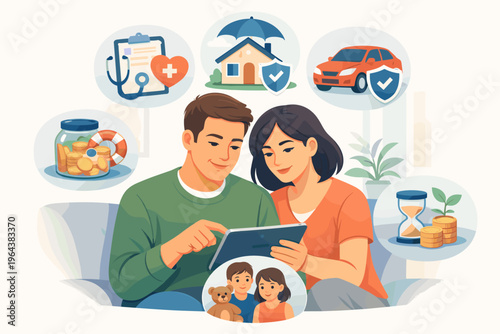 Couple planning finances and insurance for family, home, and car