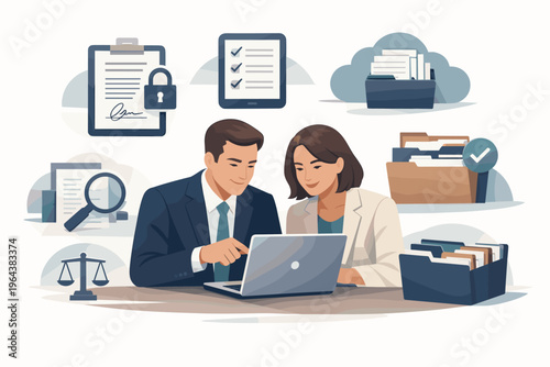 Business professionals collaborating on digital documents and legal matters with technology