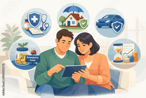 Couple planning finances and insurance coverage on a tablet