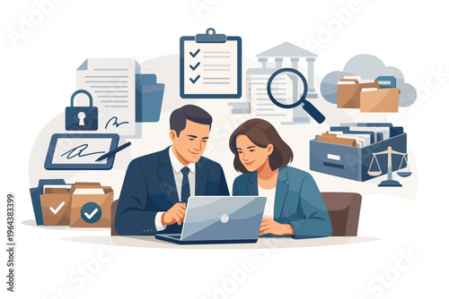 Business professionals collaborating on digital documents and legal matters with technology