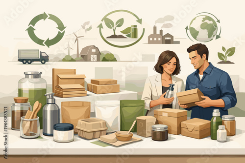 Couple examining eco-friendly packaging and sustainable production symbols