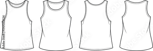 Men tank top set with sleeveless design, front and back views, basic apparel template, clean line fashion illustration – vector illustration