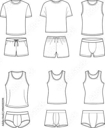 Men underwear and basic apparel set, t shirt tank top and briefs, front views, minimalist clothing template – vector illustration