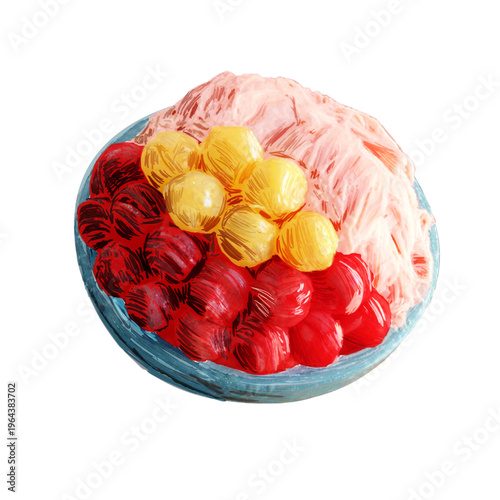 Hand-painted Watermelon Shaved Ice with Red and Yellow Watermelon Balls and Shaved Ice, in a Textured Blue Bowl, isolated on Transparent Background.