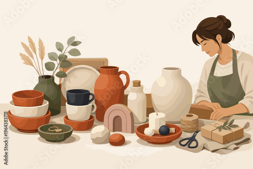 Artisan woman crafting handmade pottery and gifts with natural materials
