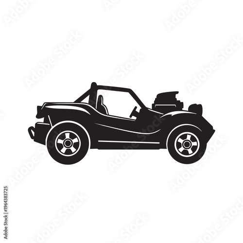 Black dune buggy silhouette off-road vehicle with powerful engine isolated on white background for a