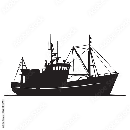 Silhouette of a fishing trawler boat maritime industry vector illustration for marine or seafood con