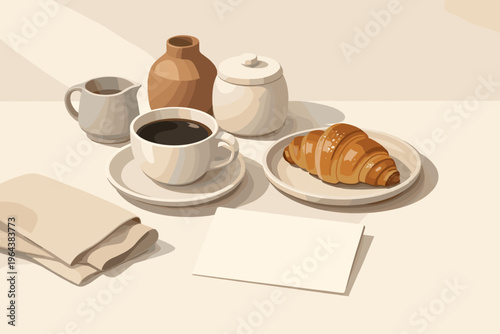 Morning coffee and croissant with a blank card for your message
