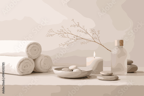 Serene spa arrangement with rolled towels, burning candle, and essential oil diffuser