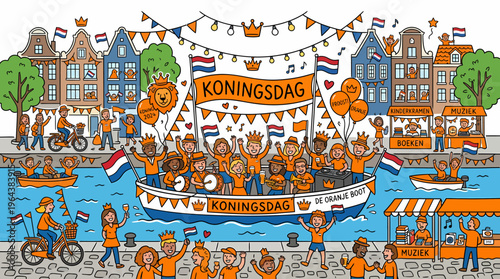 Koningsdag Celebration in Amsterdam Canal with People