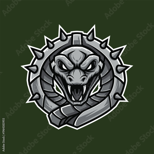 Snake head in spiked metal shield.