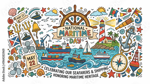 National Maritime Day Illustration: Ships, Lighthouse, Helm, Compass