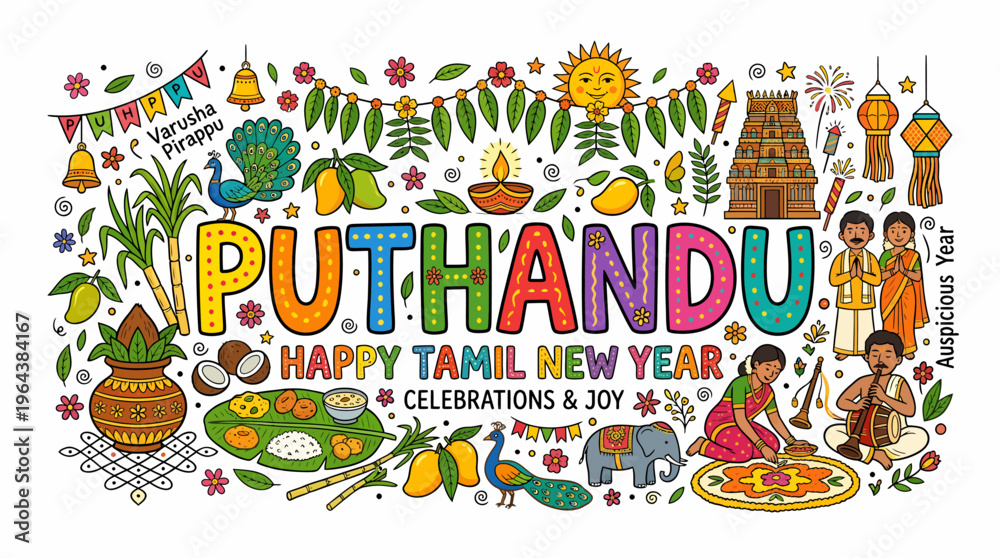Fototapeta premium Puthandu Tamil New Year Celebrations: Joyful Doodle Art