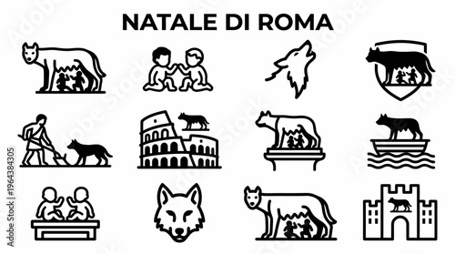 Rome Symbols Icons: Capitoline Wolf, Romulus, Remus, Colosseum