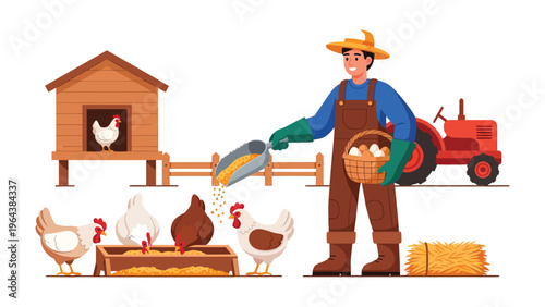 Farm Life: An illustrated view of a farmer feeding chickens, collecting eggs and showcasing farm life.