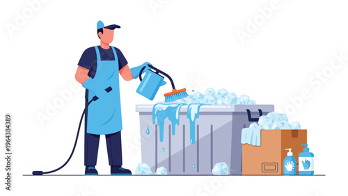 The Cleaning Process: A meticulous cleaner diligently scrubs a large container. Equipped with professional gear, he pours cleaning solutions and meticulously cleans the container.