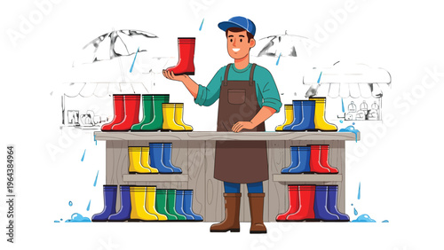 Cheerful Boot Selection: A smiling artisan, clad in a cap and apron, proudly showcases a vibrant collection of colorful rain boots. This charming scene evokes feelings of functionality, practicality.