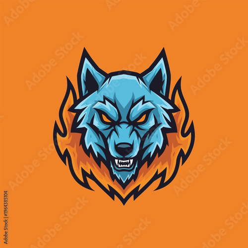 Fierce Blue Wolf Cartoon Illustration.