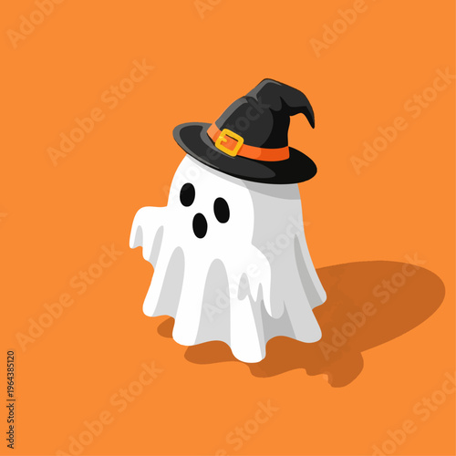 Cute Halloween ghost wearing witch hat on orange background.