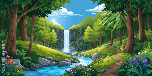 Forest Waterfall Landscape with River, Rocks and Green Trees Vector Illustration