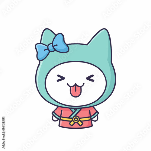 Cute kawaii cat mascot in teal hood and pink kimono sticking tongue.