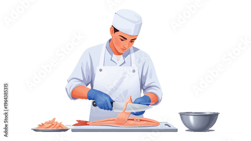 Chef's Culinary Expertise: A focused chef meticulously cuts fish on a cutting board, embodying the precision and skill required in the culinary world.