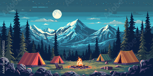 Mountain Camping Night Landscape with Tents, Campfire and Full Moon Vector Illustration
