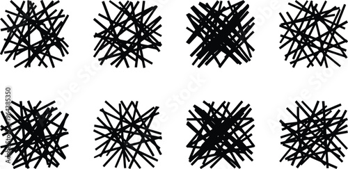 Eight Black Line Crosshatch Patterns on White Background Keywords: crosshatch, lines, abstract, pattern, texture, graphic, illustration, black and white, isolated, geometric, intersecting, random