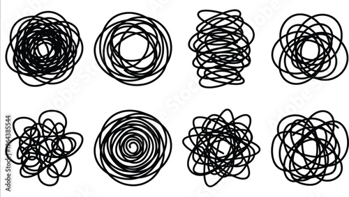 Eight Black Scribble Circles and Swirls on White Background Keywords: scribble, swirl, circle, abstract, chaos, messy, tangled, random, design element, graphic, illustration, black and white