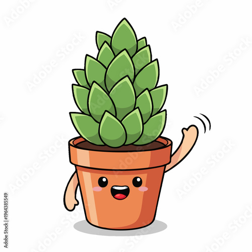 Cute smiling succulent in terracotta pot waving.