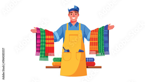 Artisan's Showcase: An artisan proudly presents a vibrant array of skillfully crafted textiles, showcasing the artistry and dedication of traditional craftsmanship.