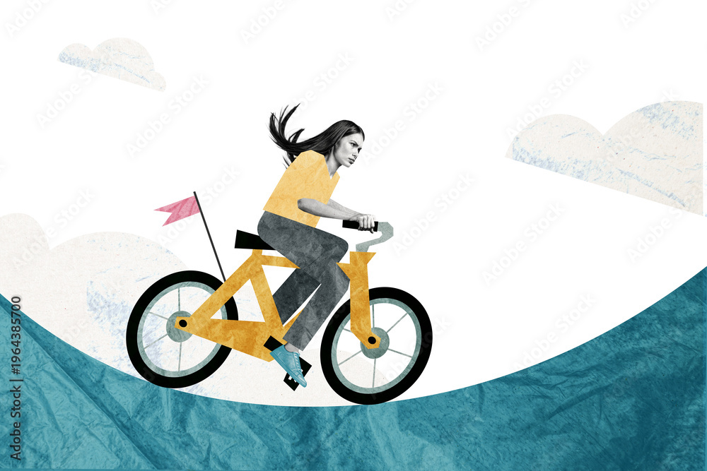 Naklejka premium Composite photo collage of serious girl ride bicycle mountain trip cloud sport activity competition travel isolated on painted background