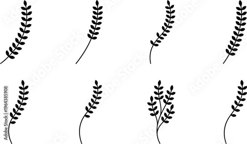 Eight Black Silhouette Sprigs with Leaves on White Background Keywords: sprig, leaves, silhouette, plant, branch, botanical, nature, graphic, illustration, black and white, isolated, design
