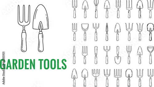 Collection of various garden tools and gardening equipment