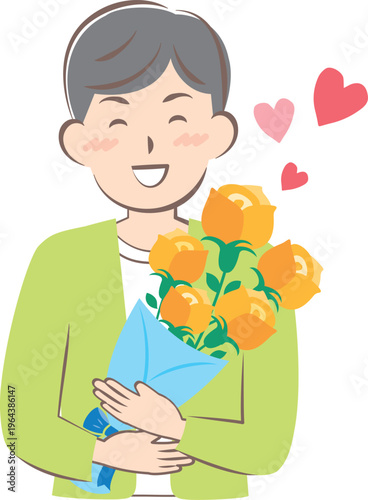 父の日にバラの花束をもらうお父さん