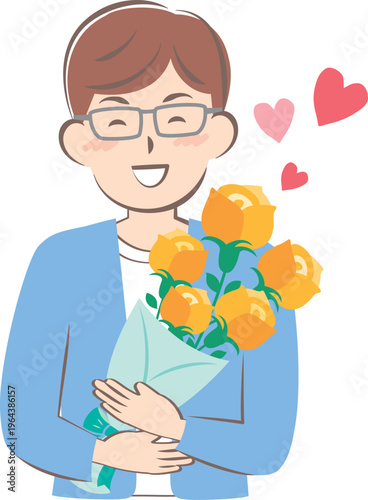 父の日にバラの花束をもらうお父さん