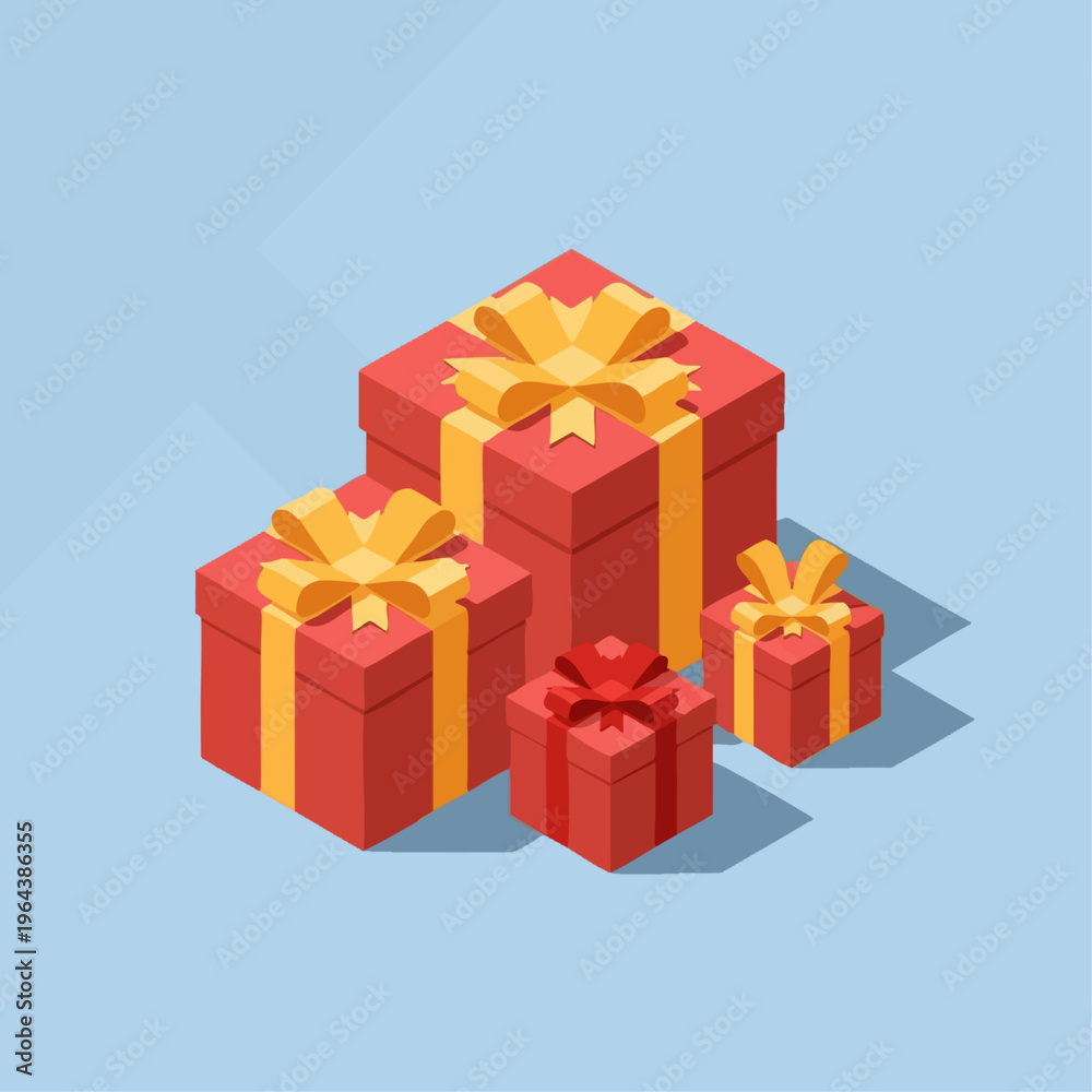 Fototapeta premium Isometric red gift boxes with golden ribbons on blue background.