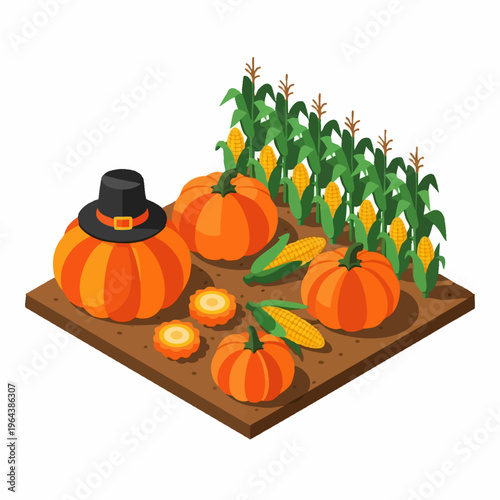 Isometric pumpkin patch with corn harvest and pilgrim hat.