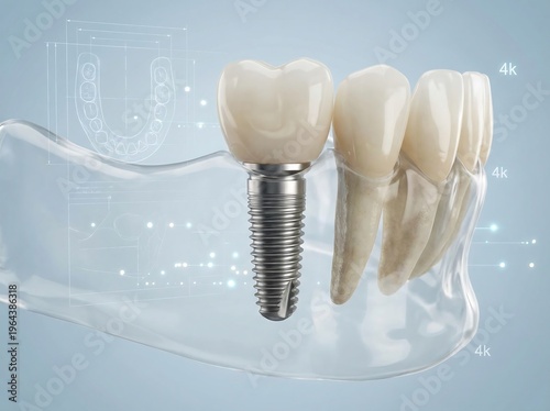 Striking 3D illustration depicting a precise dental implant within a translucent jaw model, showcasing advanced restorative dentistry and effective tooth replacement solutions