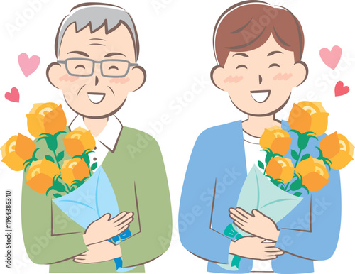 父の日にバラの花束をもらうお父さんとおじいちゃん