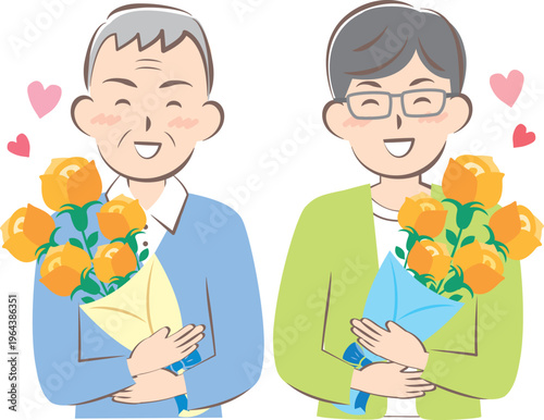 父の日にバラの花束をもらうお父さんとおじいちゃん