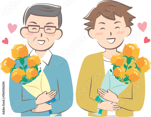 父の日にバラの花束をもらうお父さんとおじいちゃん