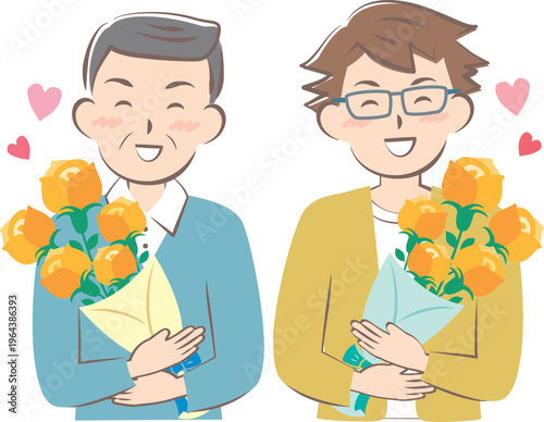 父の日にバラの花束をもらうお父さんとおじいちゃん