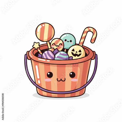 Kawaii Halloween candy bucket filled with cute sweets and lollipop illustration.