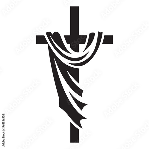 Christian Cross with Shroud Draped Cloth Silhouette Vector for Easter Resurrection and Good Friday