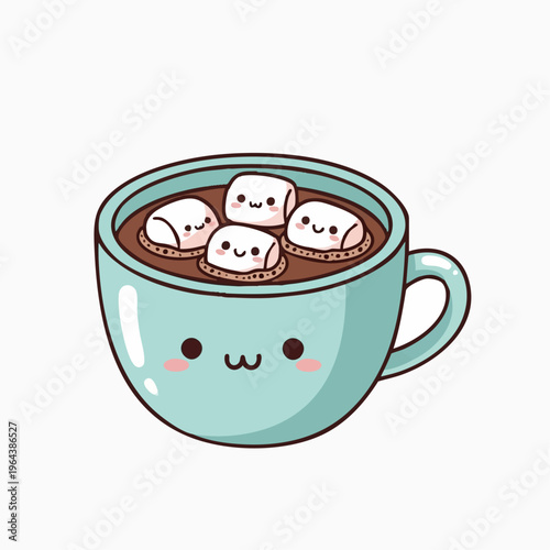 Kawaii hot chocolate mug with smiling marshmallows illustration.