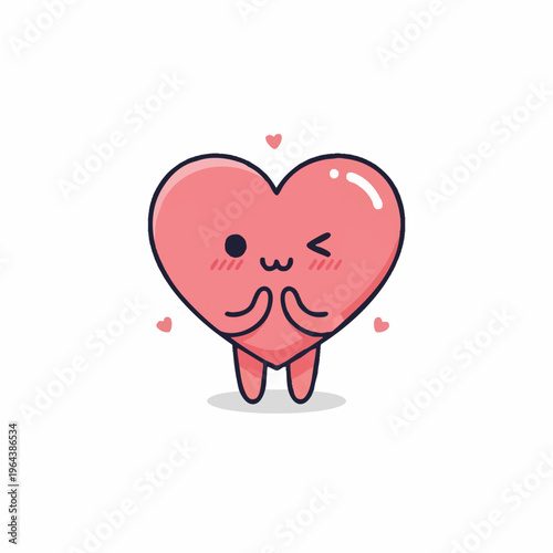 Kawaii pink heart character winking with tiny hearts.